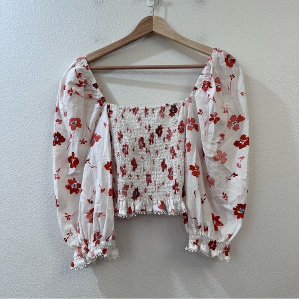 Zara Floral Print Linen Blend Square Neck Puff Sleeve Cropped Blouse‎ Size S - Picture 9 of 10